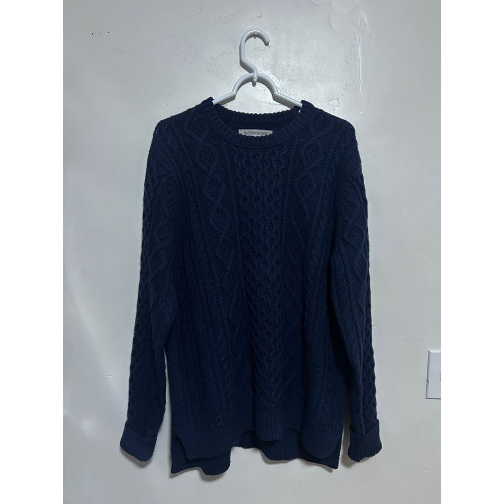 Outerknown Mens Navy Blue Wool Organic Cotton Cable Knit Fisherman Sweater L